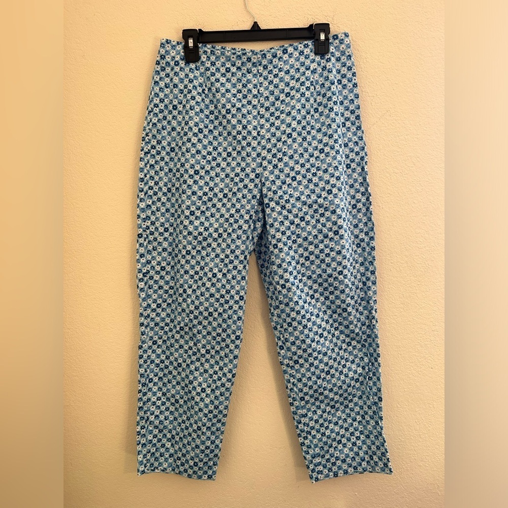 PENDLETON Floral Cotton Pants Business Blue/White Sz 12 Side Zip Closure Casual